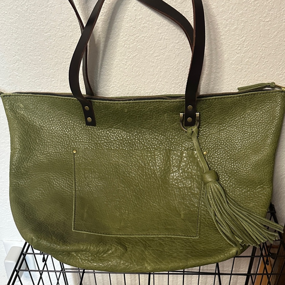 Olive Green Leather Tote with Tassel